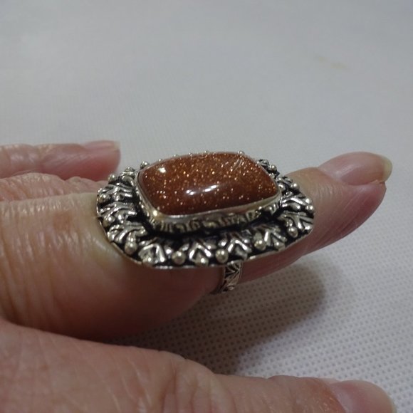 Sparkling "GOLD SUNSTONE" Handmade Sterling Ring Size 8.25 #717A - Picture 2 of 3